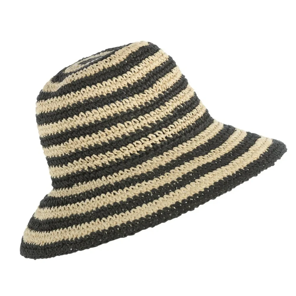 Shiraleah Jackie Woven Straw Stripe Bucket Hat Black Tan S